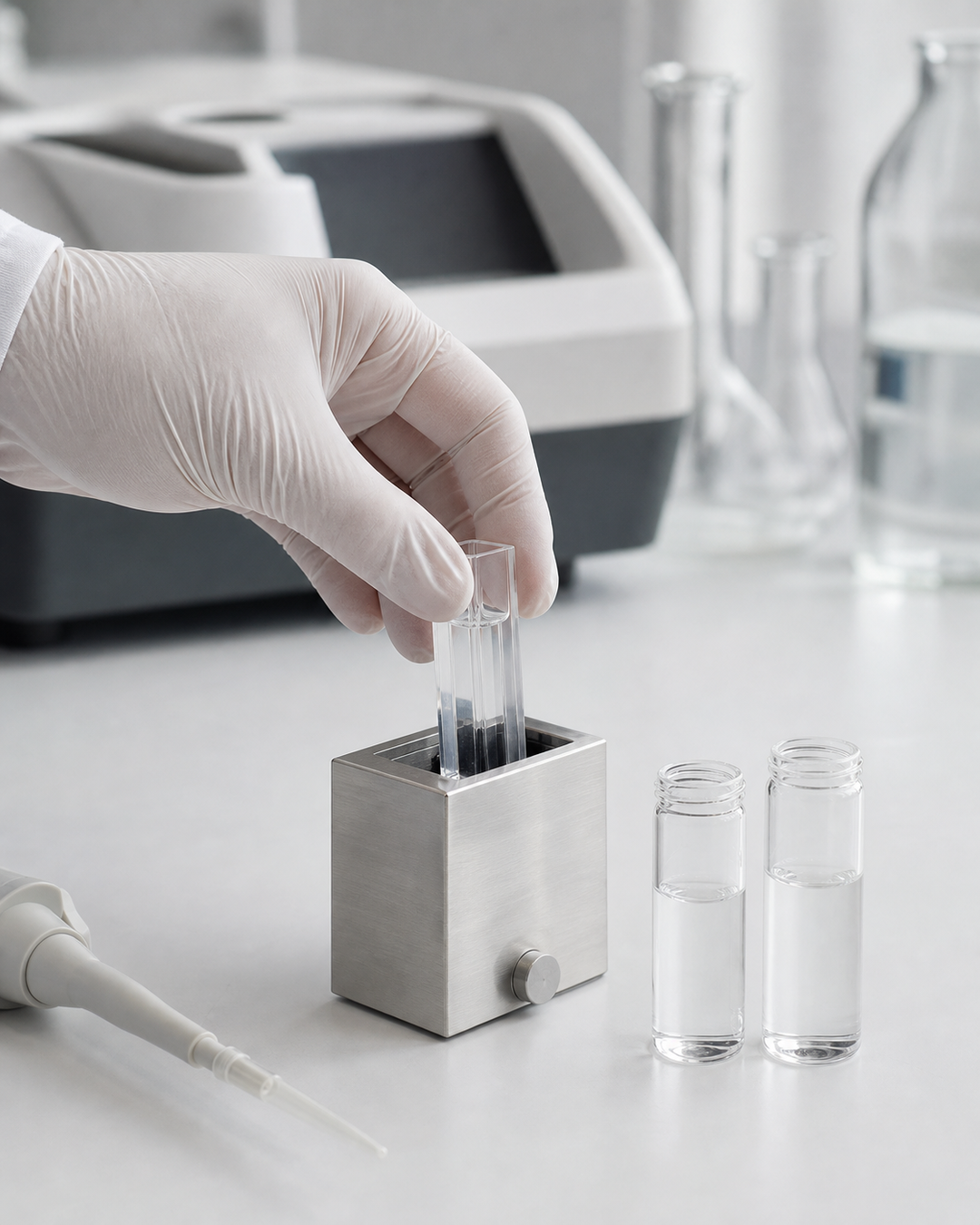 Onderzoeker plaatst een helder watermonster in laboratoriumapparatuur